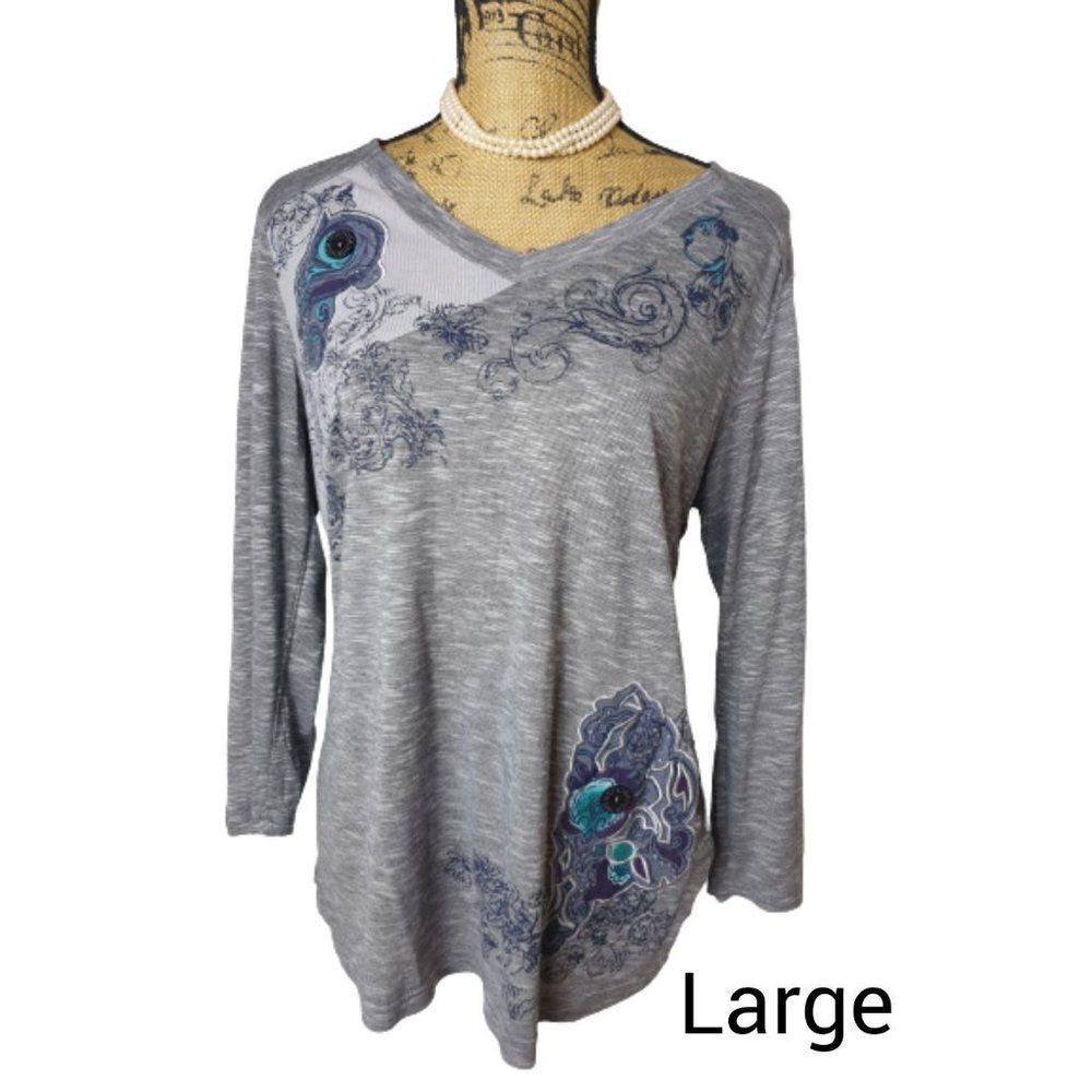 Women's Long Sleeve Shirt L Embellished and Embroidered Dressy Top Large NWOT